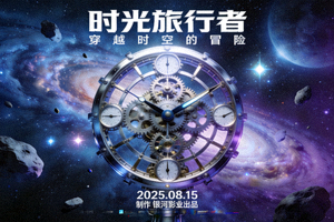 时光旅行者科幻电影海报，时钟与宇宙场景